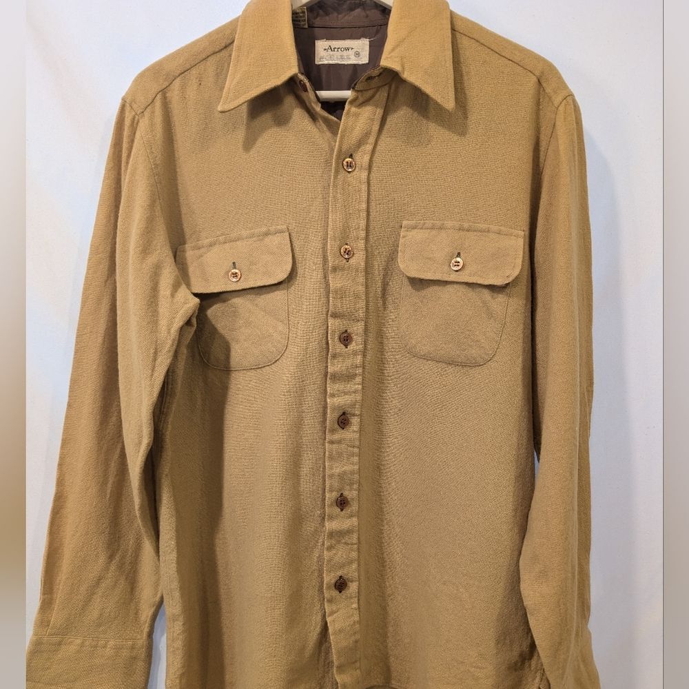 Arrow Vintage Mens Wool Blend Button Down Shirt Tan Khaki Long Sleeve Size‎ M